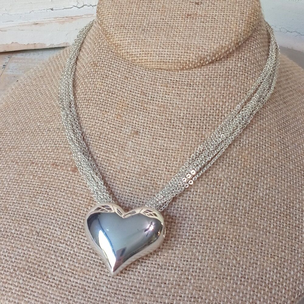 Vintage Large Puffy Heart Pendant Necklace 16 + 2" Multi-strand Silver Tone 3-D